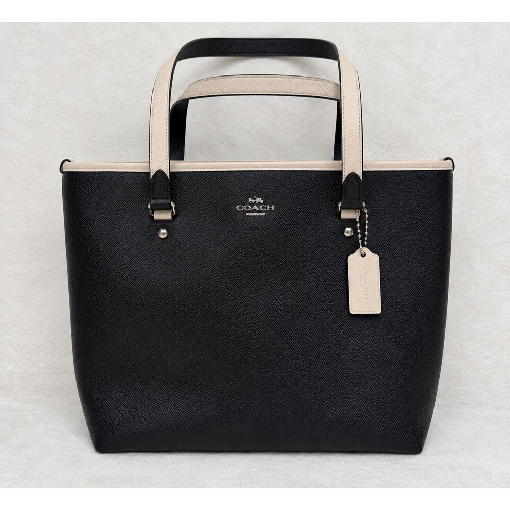 Coach Tote Bag Womens Medium Black Leather Beige Zip Shoulder Silver Hardware